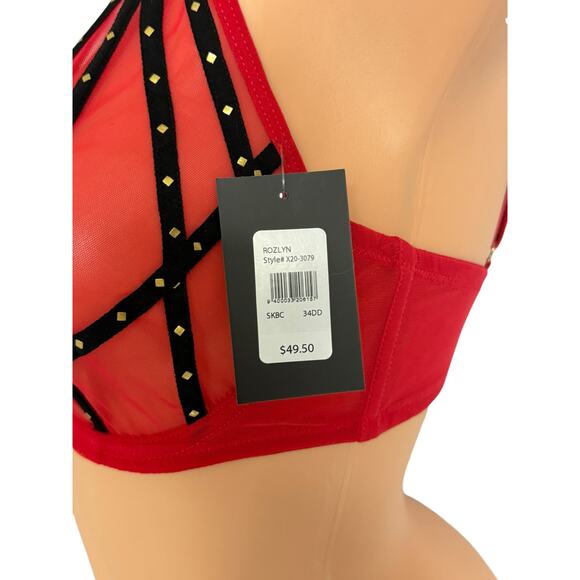 NWT! Frederick's of Hollywood Rozlyn Sheer Red Mesh and Stud Bra 34DD - Picture 5 of 5